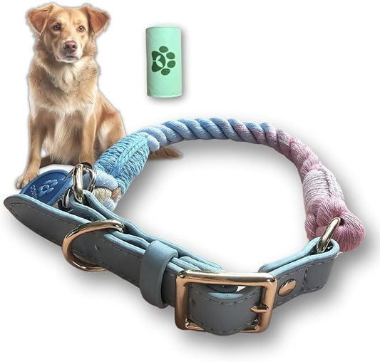 Pawtopia Cotton Braided Rope Collar for Medium Dogs, Vegan Leather Handle (Light Blue) with One Complimentary Roll of Dog Poop Bags (15 Bags), Durable Metal Buckle (Soft Rainbow Color, Medium)