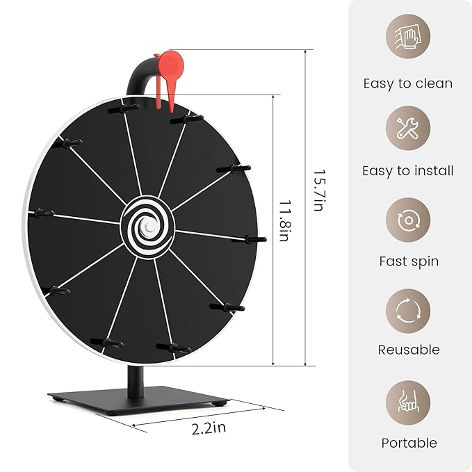 12 Inch Prize Wheel with Stand - Portable Spinning Wheel for Parties, Classroom Games, Carnival Prizes, Spin The Game with Dry Erase Marker & Eraser