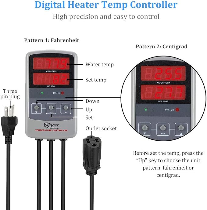 hygger 500W Titanium Aquarium Heater for Salt Water and Fresh Water, Digital Submersible Heater with External IC Thermostat Controller and Thermometer, for Fish Tank 60-120 Gallon