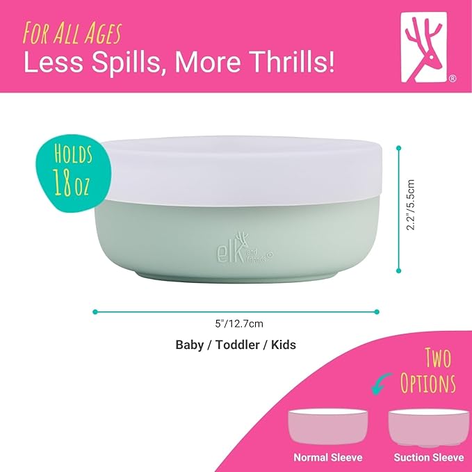 Elk and Friends Kids Porcelain Bowls with Silicone Suction Sleeves | Lids Included | Suitable for Babies/Toddlers | Microwave & Dishwasher Safe | Stay Put Dinnerware | Snack Dishes | 4 Pack