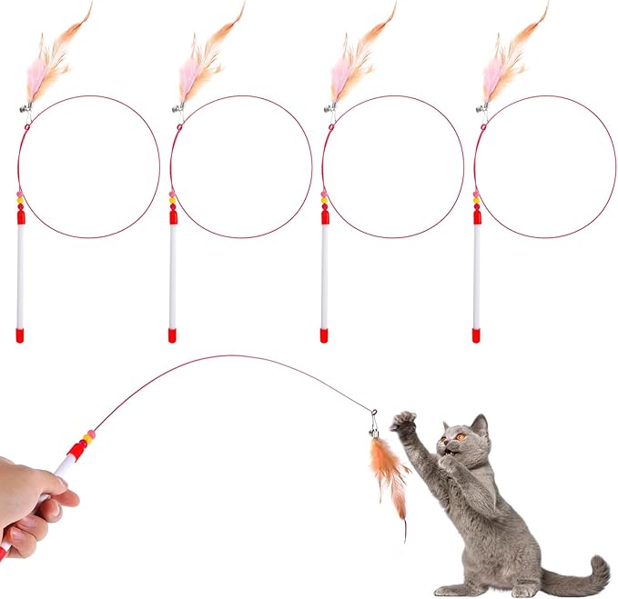 4 Pcs Cat Feather Toys, Interactive Cat Feather Wand Toy Pet Teaser Wire Wand with Bell Beads Wands Toys for Cats Chase Exercise Play