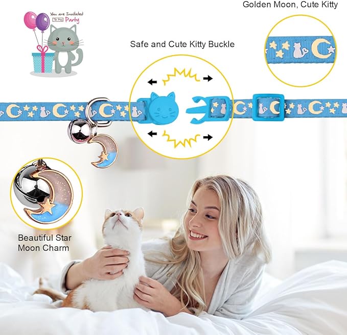 Baeuppit 2PCS Breakaway Cat Collars with Bell Cute Kitty Glow in The Dark Adjustable Kitten Collars 7.9-13.0 Inch(Sky Blue&Black)