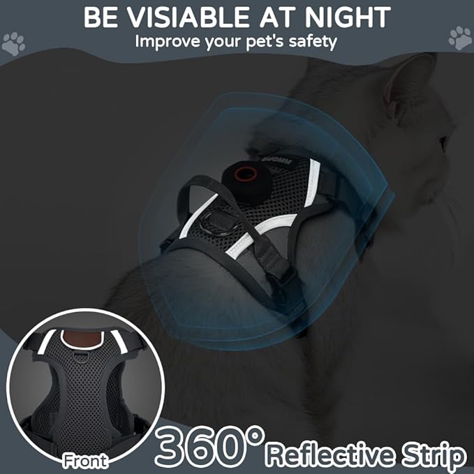 Large Cat Harness and Leash Set with Holder Compatible with AirTag, Upgraded Escape Proof Vest for Extra Large Cats Small Dogs Puppy, Mesh Outdoor Walking Jacket, Reflective Adjustable, Grey XL