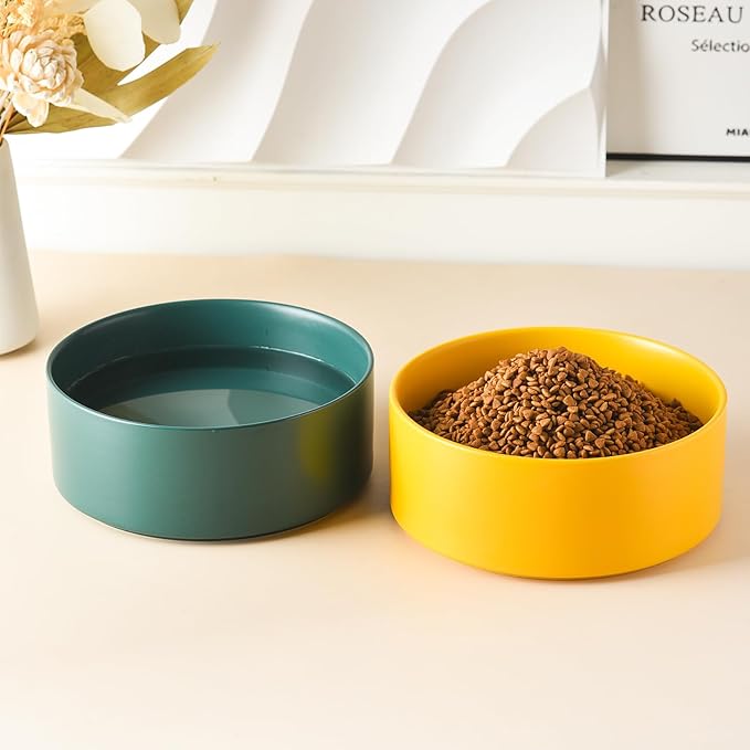 Ceramic Set of 2 Dog Bowls - Classic Dogs Food & Water Bowl for Small and Medium Breed, Heavy-Duty Non-Slip Dog Dishes, Food Grade Pet Bowl, Dishwasher & Microwave Safe (6'', 2*30OZ, Yellow)