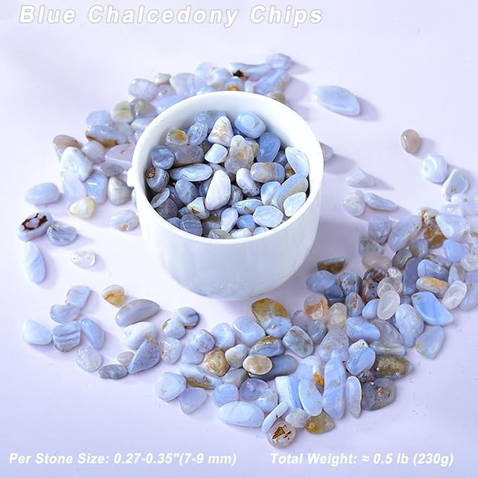 Erliway Blue Chalcedony Crystal Chips Bulk for Vase Filler, 0.5 lb 7-9 mm | Natural Crushed Crystal Stone for Spell Jar, Aquarium Gravel, Reiki Healing Meditation, Jewelry Making, Resin Art, Home Décor
