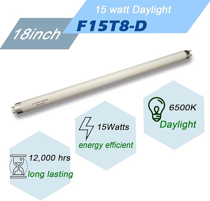 Flyercatch 18inch F15T8-D Daylight 15W Fluorescent Bulb,18'' F15T8/DL 6500K Bright White Lighting, T8 Linear Preheat Lamps, Full Spectrum for Aquarium Fish Tank, Plant Lighting