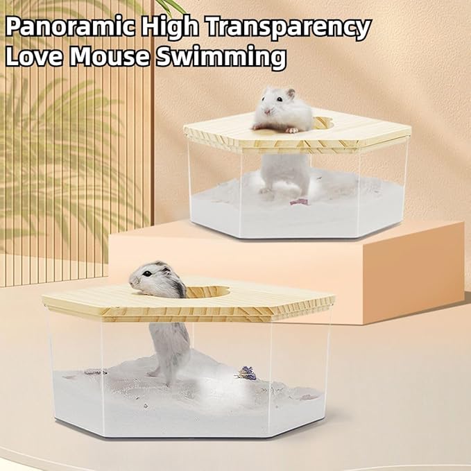 Hamster Sand Bath Box Container, Mini Pet Sandbox Lid Design Take Bath Wooden Sandbox Dust Bath, Transparent Bathroom & Digging Box Acrylic Hamster Litter Box Small Animal Accessories (D Small)