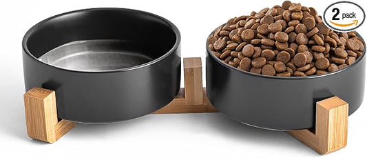 Mowtanco Black Ceramic Dog & Cat Bowl Set – 13.5 OZ with Wooden Stand, Non-Slip, Elevated Design for Small Dogs & Cats – 2 Bowls (Food & Water, Ceramic Pet Bowls, Modern Dog Bowls)