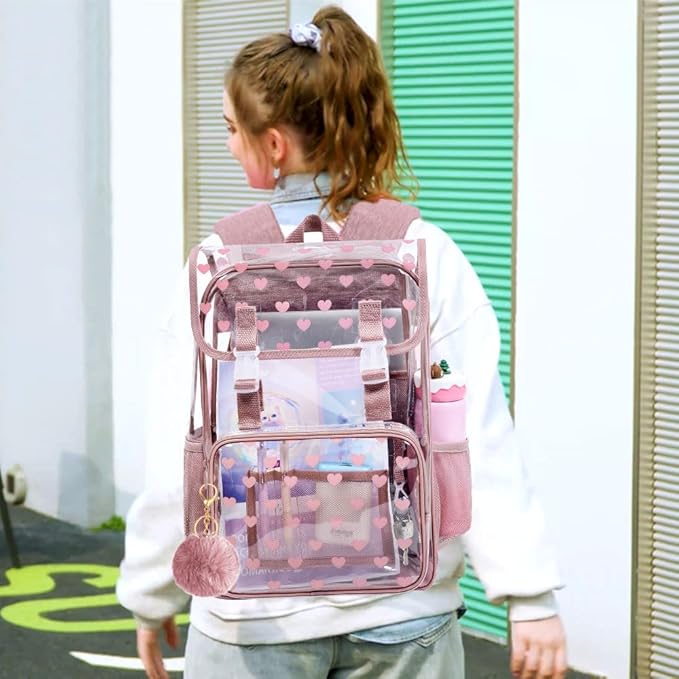 17" Love Heart Clear Backpack for Girls - 3Pcs Flip Design Stadium Approved Set, Campus/School Transparent Bookbag (Pink)