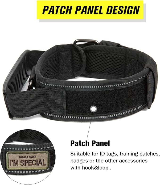 Tactical Dog Collar with Handle - Military Adjustable Dog Training Collar Soft Nylon and Heavy Duty Metal Buckle for Medium Large Dogs - with Patch (Black with Patch, X-Large)