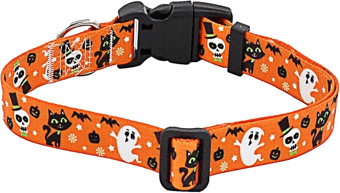 Mihqy Halloween Dog Collar - Pumpkin Bat Ghost Pattern - Adjustable for Small Medium Large Dogs(Halloween,L)