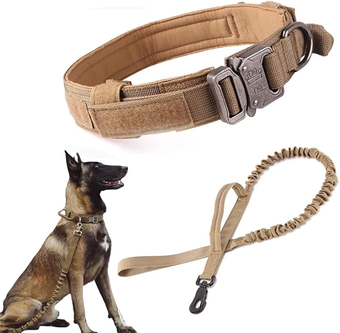 Xqpetlihai Tactical Dog Collar and Leash Set Adjustable Military Nylon Dog Collar with Control Handle and Heavy Duty Metal Buckle for Large Dogs（Brown M