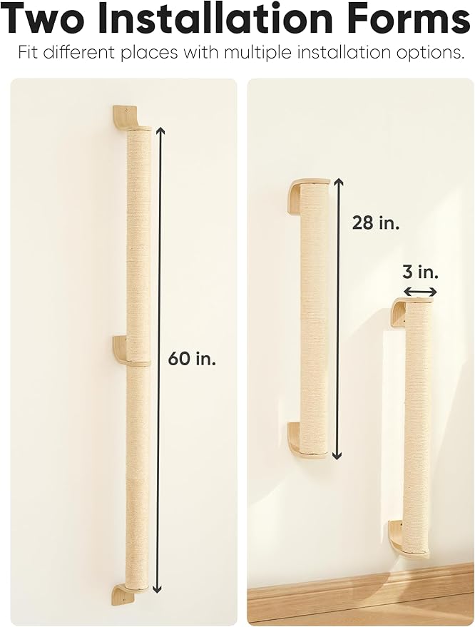 FUKUMARU Cat Wall Scratcher, 60" Tall Wall Mounted Kitten Scratching Post, Sturdy Sisal Climbing Tree for Indoor Large Cats