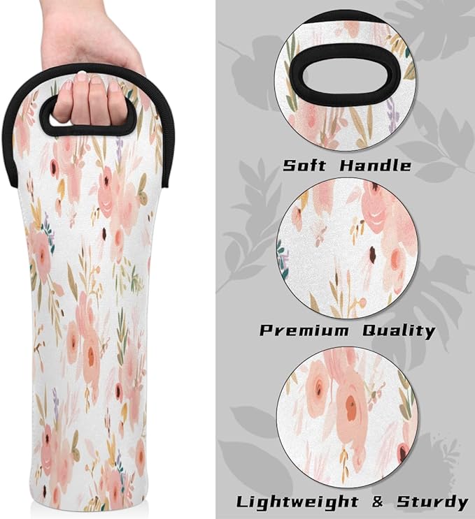 Rose Flower Floral Wine Bag Single Bottle Wine Tote Bag Neoprene Wine Carrier Bags with Carry Handle Portable Wine Bottle Holder for Travel Party Picnic