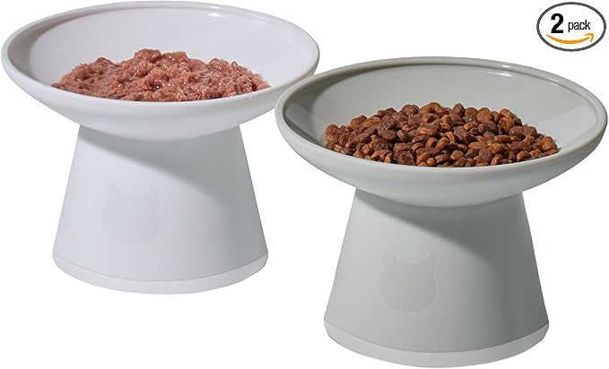 Necoichi 2pcs Extra-Wide Elevated Cat Food Bowls – BPA-Free Plastic Raised Bowls to Reduce Whisker & Neck Fatigue – Dishwasher Safe – Non-Slip, Anti-Vomiting Ergonomic Design(Classic)