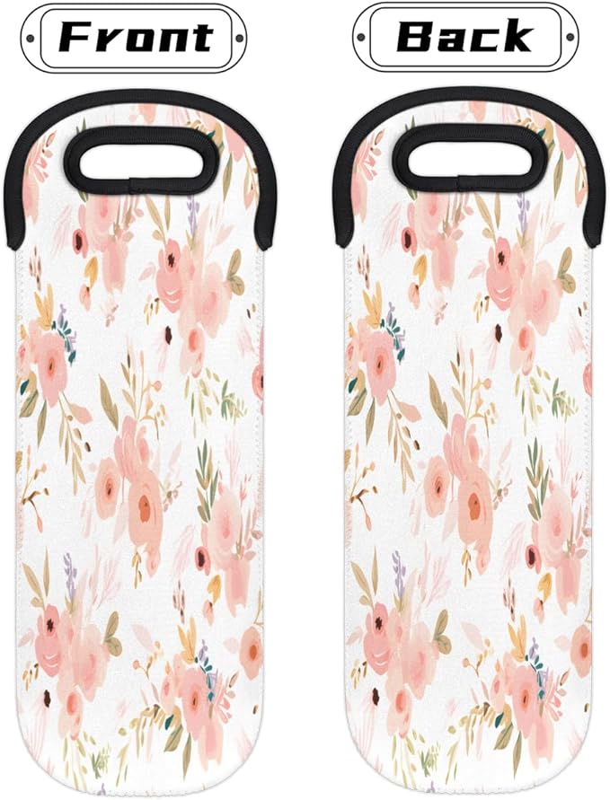 Rose Flower Floral Wine Bag Single Bottle Wine Tote Bag Neoprene Wine Carrier Bags with Carry Handle Portable Wine Bottle Holder for Travel Party Picnic