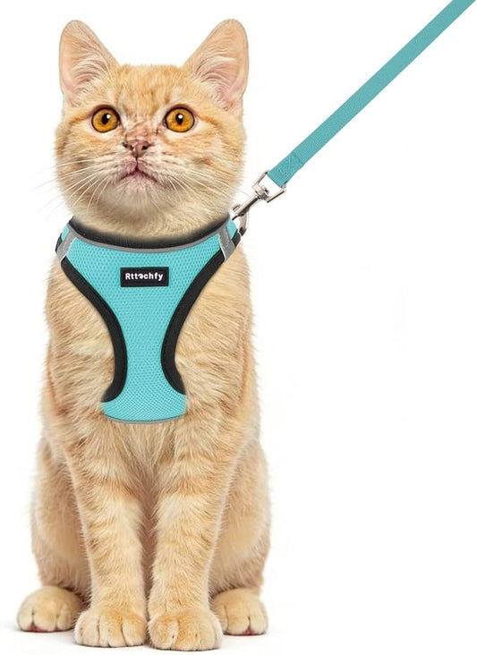 Rttochfy Cat Harness and Leash Set, Escape Proof Kitten Harness, Soft and Breathable Vest with Reflective Strip, Easy to Wear for Cats Walking and Traveling (BK Cyan, M)