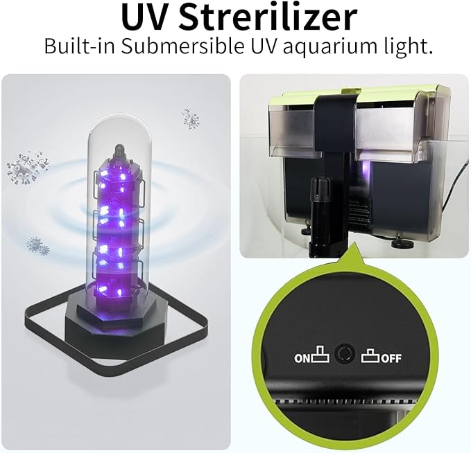 Aquarium Filter- 4 in 1 Double Waterfall U-V Fish Tank Filter for Green Water & Algae Clean, 8W Quiet Hang on Filter Adjustable Flow (UV Filter)