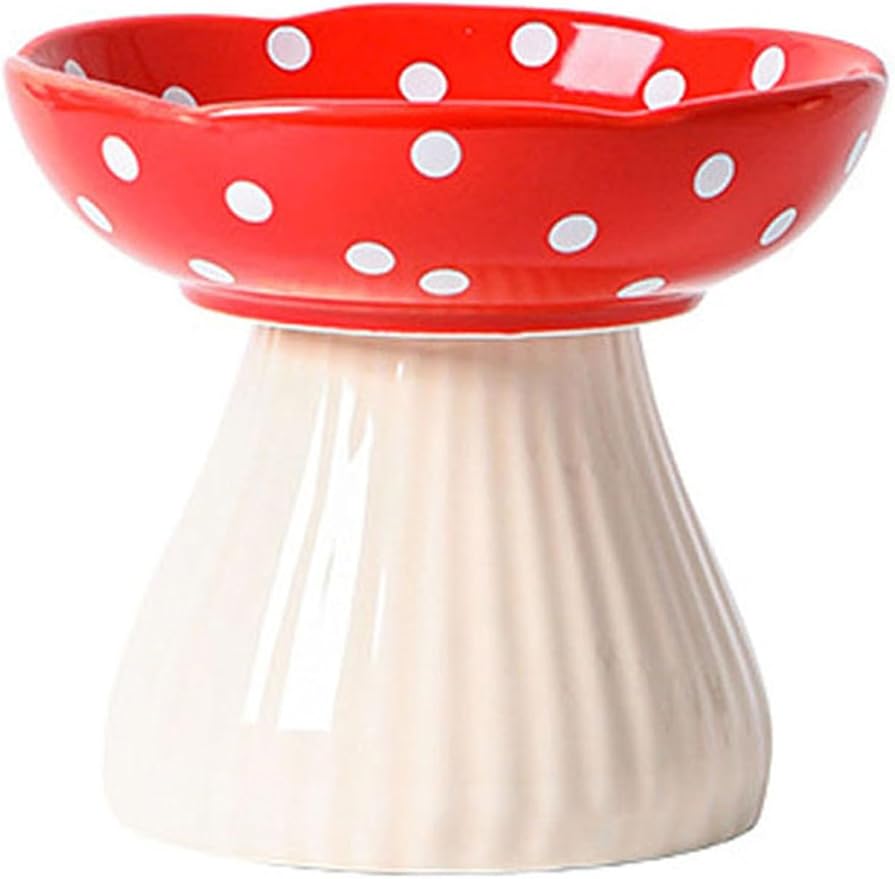Elevated Mushroom Cat Bowls Ceramic, Raised Cat Bowl for Indoor Cats, Cute Whisker Fatigue Cat Bowl, Raised Dog Bowl Stand for Food and Water, Red 6" Wide for Adult Cats