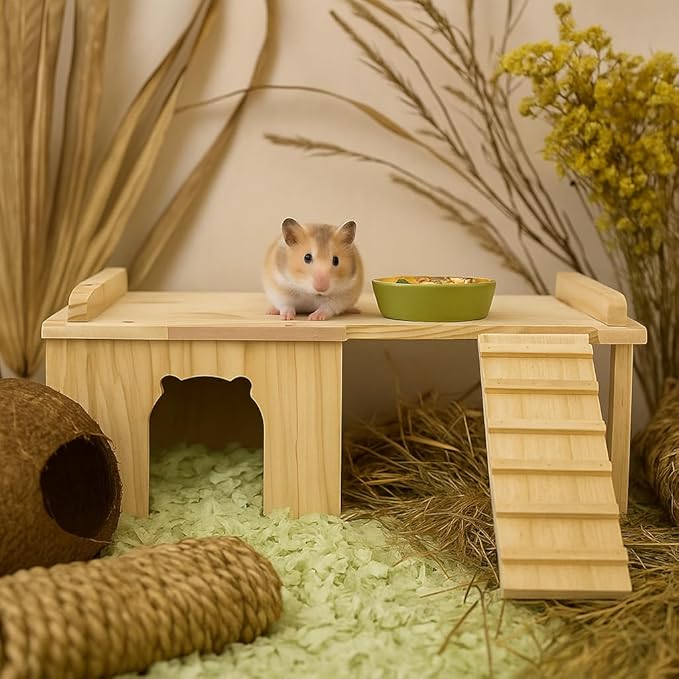 Hacaroa Wooden Hamster Hideout with Ladder, Large Hamster Platform Guinea Pig Hide Play House, Small Animals Climbing Toy Chinchillas Cage Accessories for Syrian Hamsters, Rats, Gerbils
