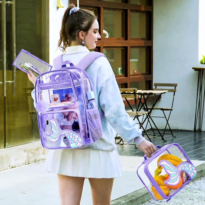 AGSDON 3PCS Clear Backpack for Girls, Kids Mermaid Transparent Backpack with Heavy Duty PVC, See Through Backpacks with Lunch Bag-Purple
