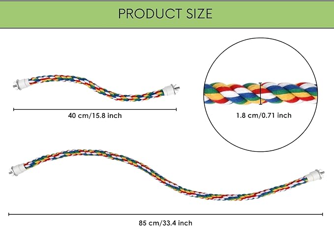 DS. DISTINCTIVE STYLE Bird Rope Perches Set of 2 Pieces (33 in+16 in), Colorful Cotton Rope for Birds, Bungee Style Perch Ideal for Parrots, Cockatiels, Lovebirds, and Budgies
