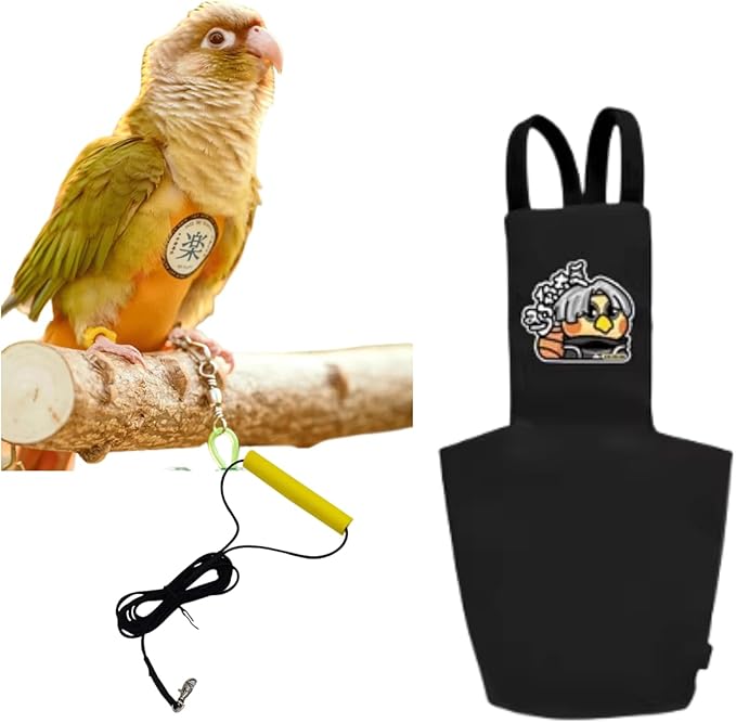 MANON ROSA Bird Diapers Leash Set Washable Reusable Handmade Flight Suit Waterproof Inner Layer - Protective Parrot Nappy Clothes Parakeets Macaws Budgies Canaries (Black3,Caique)