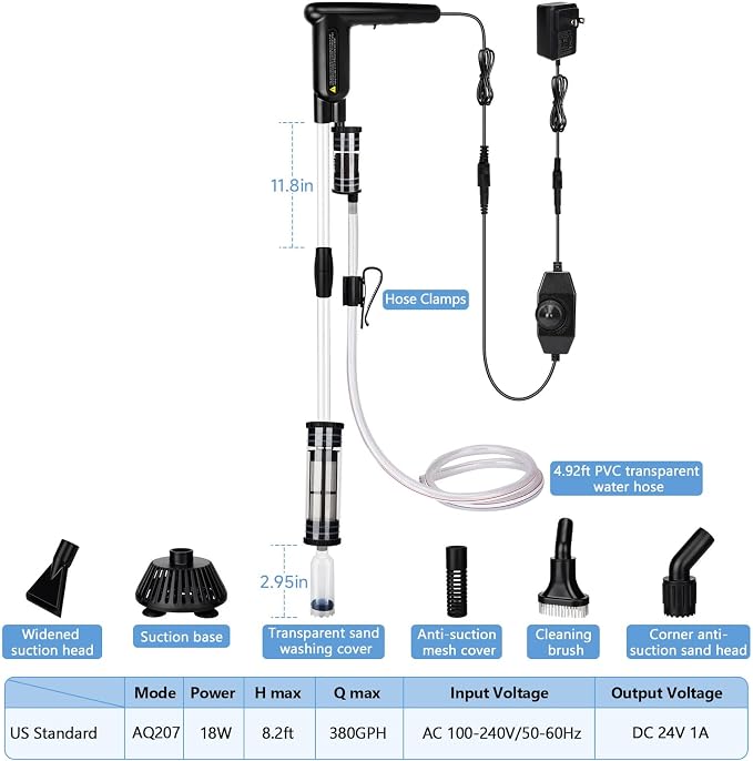 AQQA Upgraded DC 18W Electric Aquarium Vacuum Gravel Cleaner | Anti-Clog Pre-Filter Design, 7-in-1 Multifunctional, Dirt Removal, Water Change, Sand Washing, Turtle Shower