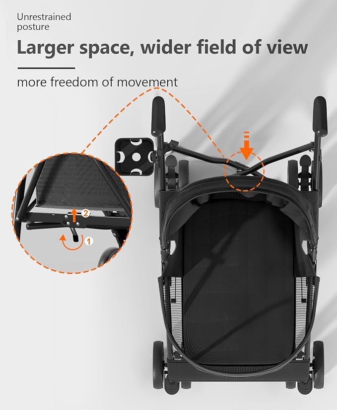 OS MOTOR Pet Stroller with 4 Wheels for Small/Medium Pets, Portable Travel Foldable Carrier Jogger for Dog Cat Puppy Kitty, Rear Wheel Breaks, Storage Basket, Visible Mesh with Weather Cover (Black)