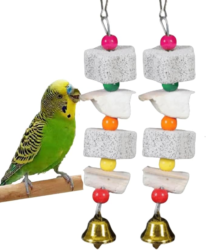 2Pcs Bird Beak Calcium Stone Lava Block Chew Toy Grinding Teeth Natural Minerals with Bell for Parakeet Conure Lovebird Cockatiel Finch Canary Hamster Chinchilla Rabbit (Medium)
