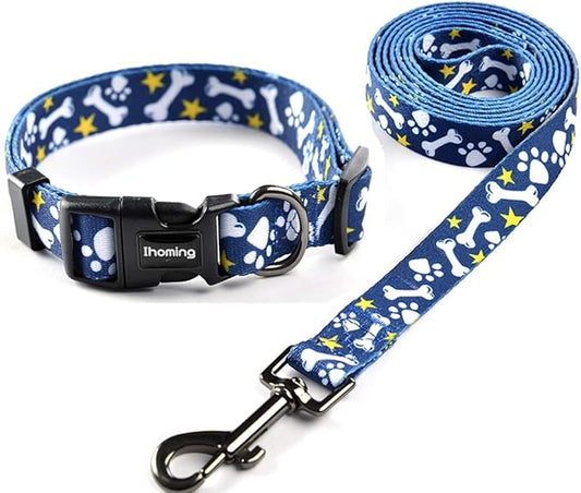 Ihoming Dog Collar and Leash Set for Daily Outdoor Walking Running Training, Bone Design for Small Boys Girls Dogs Cats Pets, S-Up to 20LBS