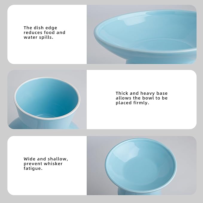 6.2 Inch Extra Wide Elevated Ceramic Cat Bowls, Food and Water Bowl Set for Elder Big Cats Small Dogs, Raised Design for Pet Easy Eating, Protect Cat's Spine Set of 2(Blue)