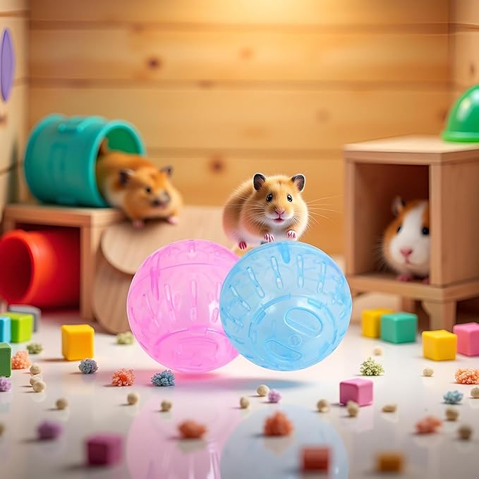 2Pcs 3.94 Inch Rotundity Hamster Balls, Breathable and Sturdy Dwarf Hamster Exercise Balls Running Wheel Gerbil Toys, Small Animals, Portable Small Pet Supplies (Blue and Pink)