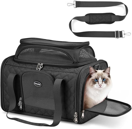 Cat Carrier Airline Approved 17x11x9.5 Inches, Top Expandable Soft Sided Pet Travel Carrier for Cats & Small Dogs, Fits Under Airline Seat with Locking Zippers, Black
