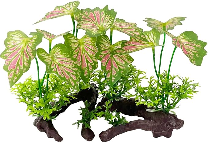 Aquarium Plant Fish Tank Decoration Small Plastic Artificial Plant Goldfish Fish Hide (Rainforest Leafs-Pink-Small-Set)