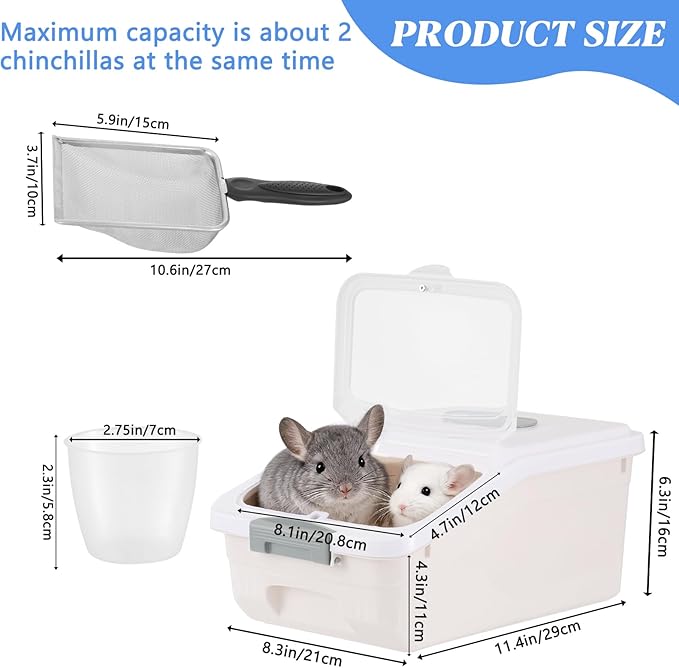 Large Chinchilla Sand Bath Container Kit Plastic Chinchilla Dust Bath Tub with Sand Cup and Sand Shovel Large Opening Clear Hamster Shower Room for Hedgehog Guinea Pig Squirrel Small Animals