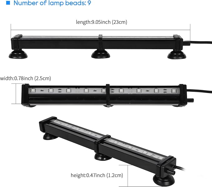 9.05 inch Submersible Aquarium Light, Fish Tank Light with Air Bubble Hole, RGB Color Changing Brightness Adjustable IP68 Waterproof Remote Control LED Light for Aquarium Fish Tank