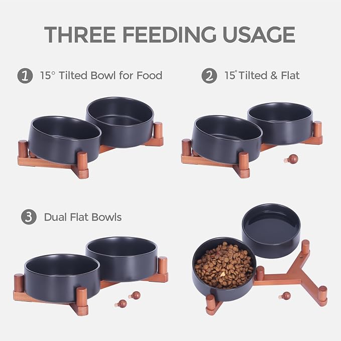 Elevated Ceramic Dog Bowls for Small Dogs, Adjustable Wooden Stand with Raised Food & Water Bowls, Modern Pet Feeding Station for Cats and Small Dogs, Non-Slip 13.5oz Black | Adjustable Wooden Stand