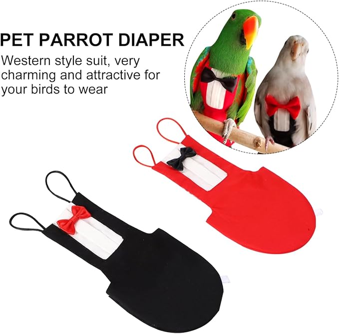 HANABASS 2Pcs Bird Diaper Parrot Suit Diapers, Cotton Pet Bird Clothes Pee Pads, Bird Harness Reusable, Macaw Parakeet Flight Suit for Birds, Cockatiel, Budgie, Red Black