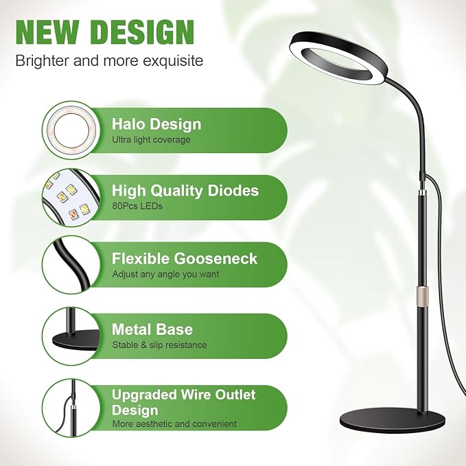 Grow Lights for Indoor Plants, 80 LEDs, Height Adjustable 16.5-25" | Full Spectrum, Auto Timer 6H/12H/16H, 5 Dimmable Levels, Flexible Gooseneck 6000K, Desk Plant Light with Base