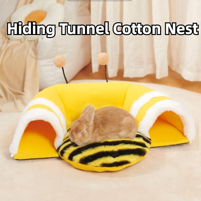 Warm Rabbit Hideout Tunnel Bed, Cute Bee Shape, Soft Removable Guinea Pig Tunnels and Tubes for Cage, Sturdy Small Animal Tunnel for Rat, Hamster Hedgehog, Chinchilla