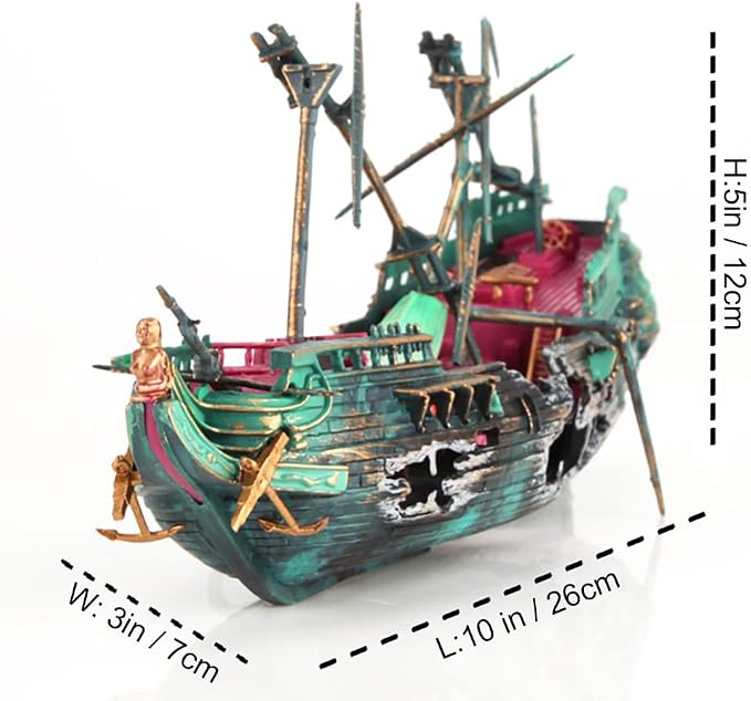 SLOCME Aquarium Shipwreck Decorations - Air Bubbler Sunken Ship Ornament, Fish Tank Air Action Aerating Decorations