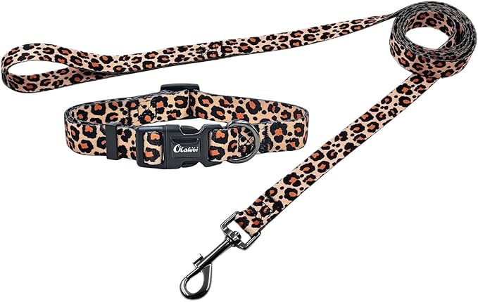 Dog Collar Leash Set, Leopard Pattern, Polyester Material, Adjustable Collar and 5ft Matching Leash, for Medium Dogs.(M, Yellow Leopard)