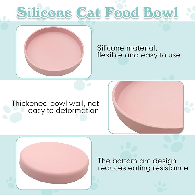 Silicone Cat Food Bowl Shallow Dishes 5.9in Wide Cats Bowls Kitty Plates Relief Whisker Fatigue Puppy Feeding Bowl for Dry Food and Wet Food Indoor (Round Pink)
