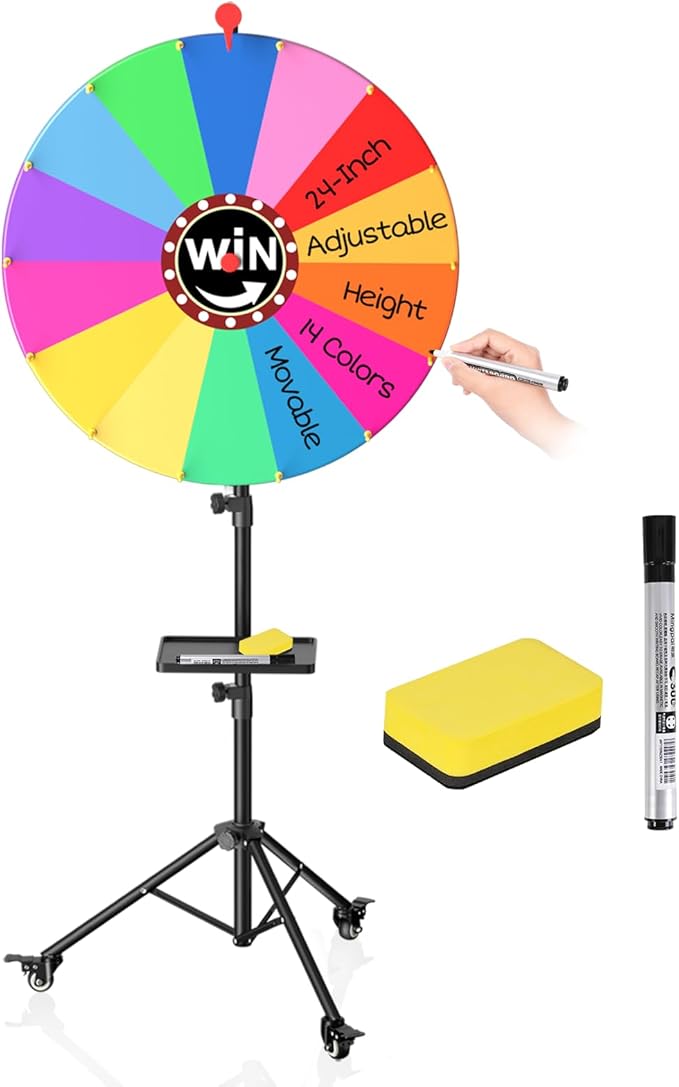 EMART 24-inch Spinning Prize Wheel, 14 Colors Adjustable 34"-60" Spin Doodle Game Spinner with Folding Tripod Stand for Party, Trade Show, Family with Portable Bag