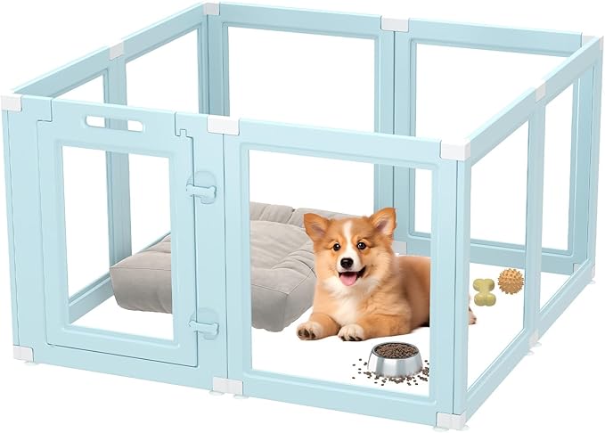 DIY Clear Acrylic Dog Playpen Indoor, Transparent Easy Cleansing Puppy Fence with Suction Cup, Easy-Assemble Indoor Whelping Crate for Small Puppies (23.6" H, 8PCS), Blue