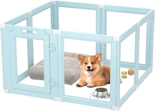 DIY Clear Acrylic Dog Playpen Indoor, Transparent Easy Cleansing Puppy Fence with Suction Cup, Easy-Assemble Indoor Whelping Crate for Small Puppies (23.6" H, 8PCS), Blue