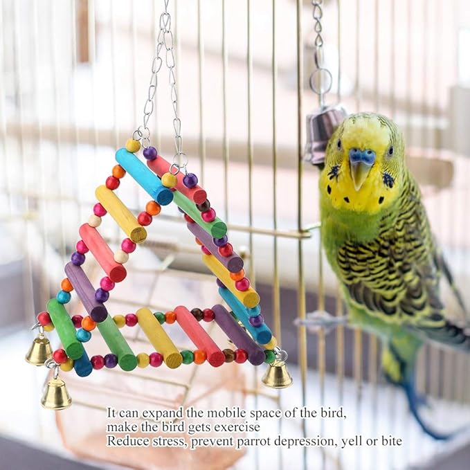 Parrot Swing, Bird Parakeets Wooden Toys Foraging Wall Hanging Standing Toy Climbing Hammock Swing Colorful Chewing Ladder Bird Cages Perch Accessories Lovebirds Finch Budgerigars Cockatiel Mynah
