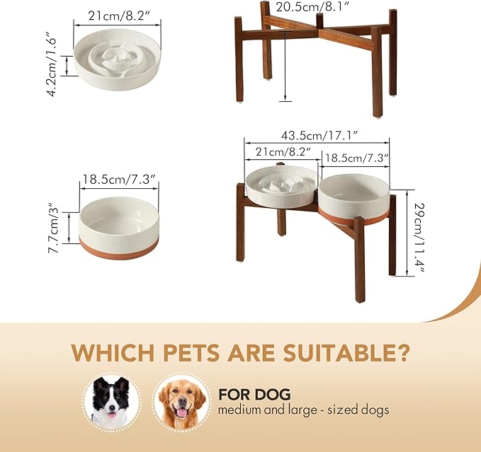 Havniva Elevated Slow Feeder Dog Bowls, 1.6 Cups/8.2 inch Slow Feeders + 7.3 inch Ceramic Dog Food & Water Bowls Set with Acacia Wood Stand Puzzle Bowls for Fast Eater, Medium Dogs Anti-Choking