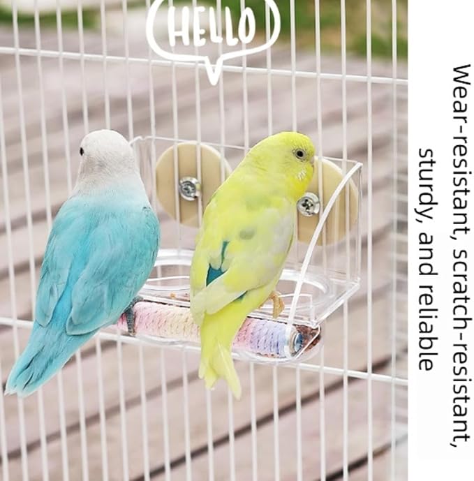 Seed Catcher Bird Feeder No Mess - Dual Bowl Cage Mount with Clear Acrylic, Colorful Hemp Rope Wrapping Wood Perch & Removable Acrylic Cups - for Budgies, Finches, Canaries, Parrotlets, Conures